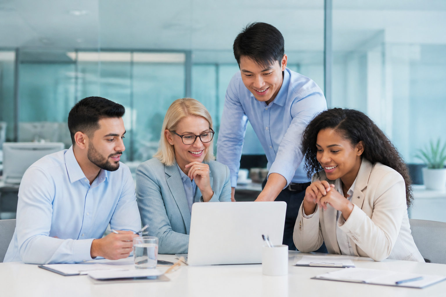 Team collaborating in a modern workspace