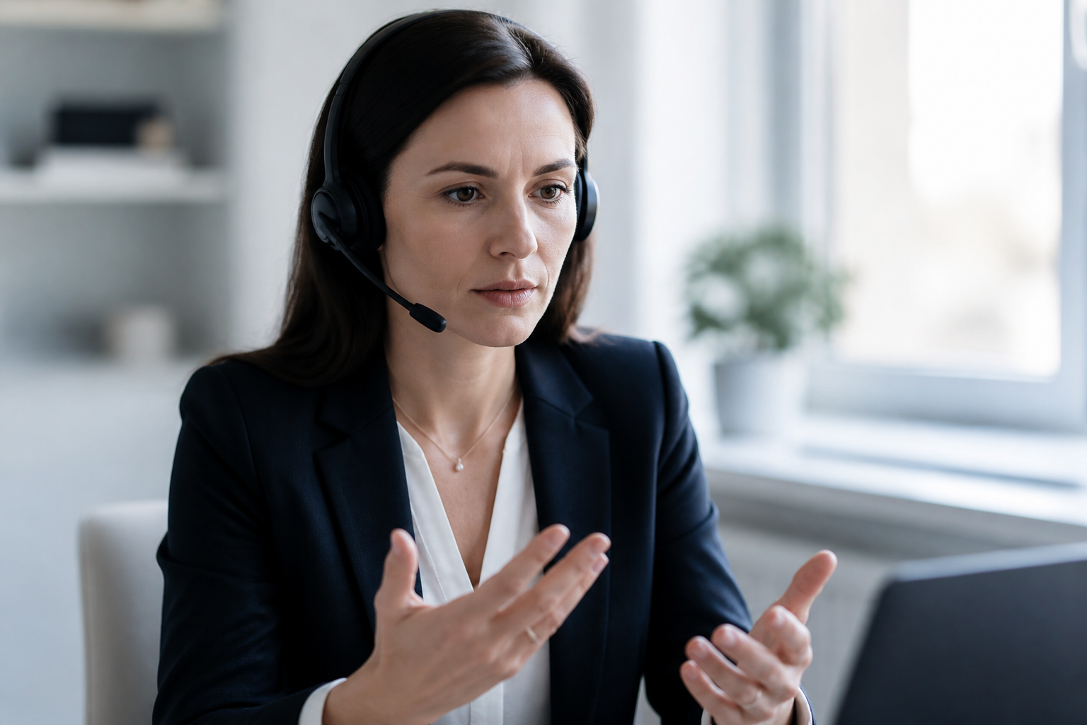 Professional practicing a conversation with a headset